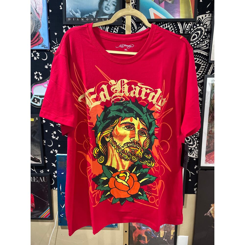 NWT Ed Hardy Rose Faith Deadstock Y2K Jesus Streetwear Tee Red XL